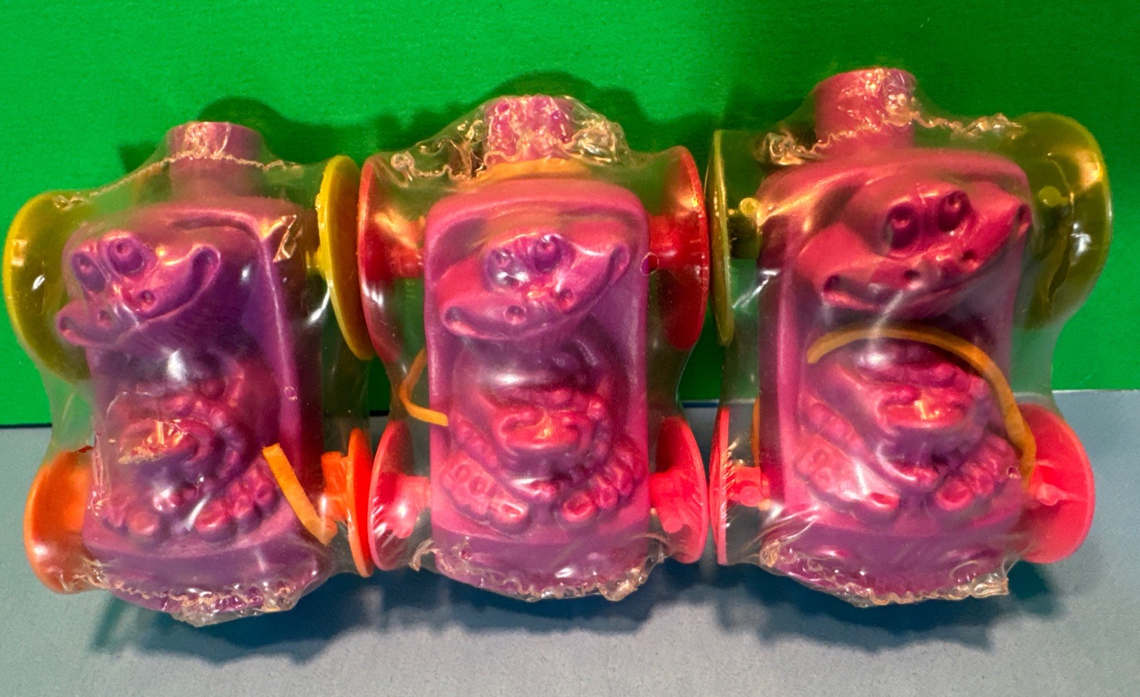 3 Freakies Balloon Powered Car Ralston Cereal Premium Sealed 1970’s vtg Gargle