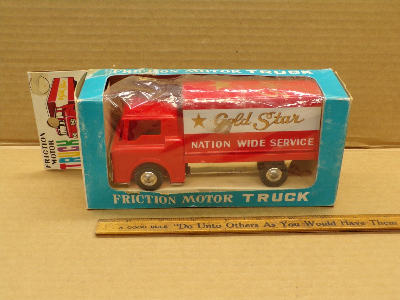 VINTAGE ICHIMURA GOLD STAR / NATION WIDE TIN LITHO FRICTION TRUCK 6.5″ ~ NOS
