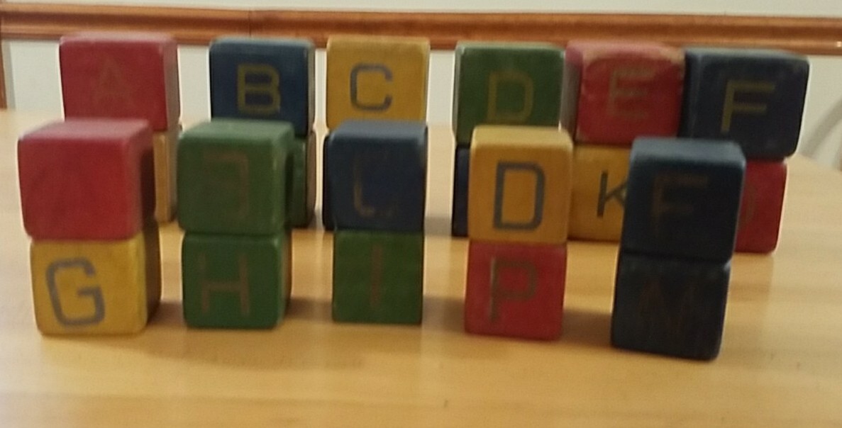 Vintage Wooden ABC Toy Blocks Smooth Gold Letters Blue Yellow Red Green Lot – 22