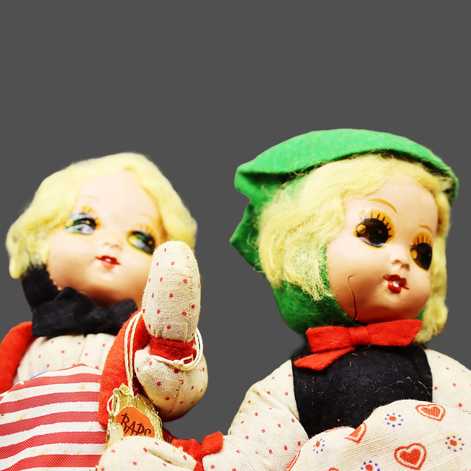 Vintage 1950s German BAPS Dolls, Lot of 2 Fabric Metal Felt, Germany Rare