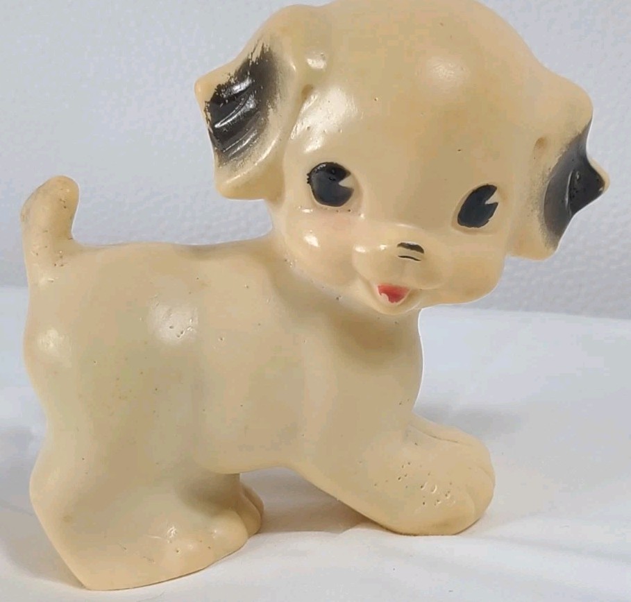 Ruth E Newton The Sun Rubber Co Dog Puppy Squeak Toy 1950s 4½” Beige & Black Vtg