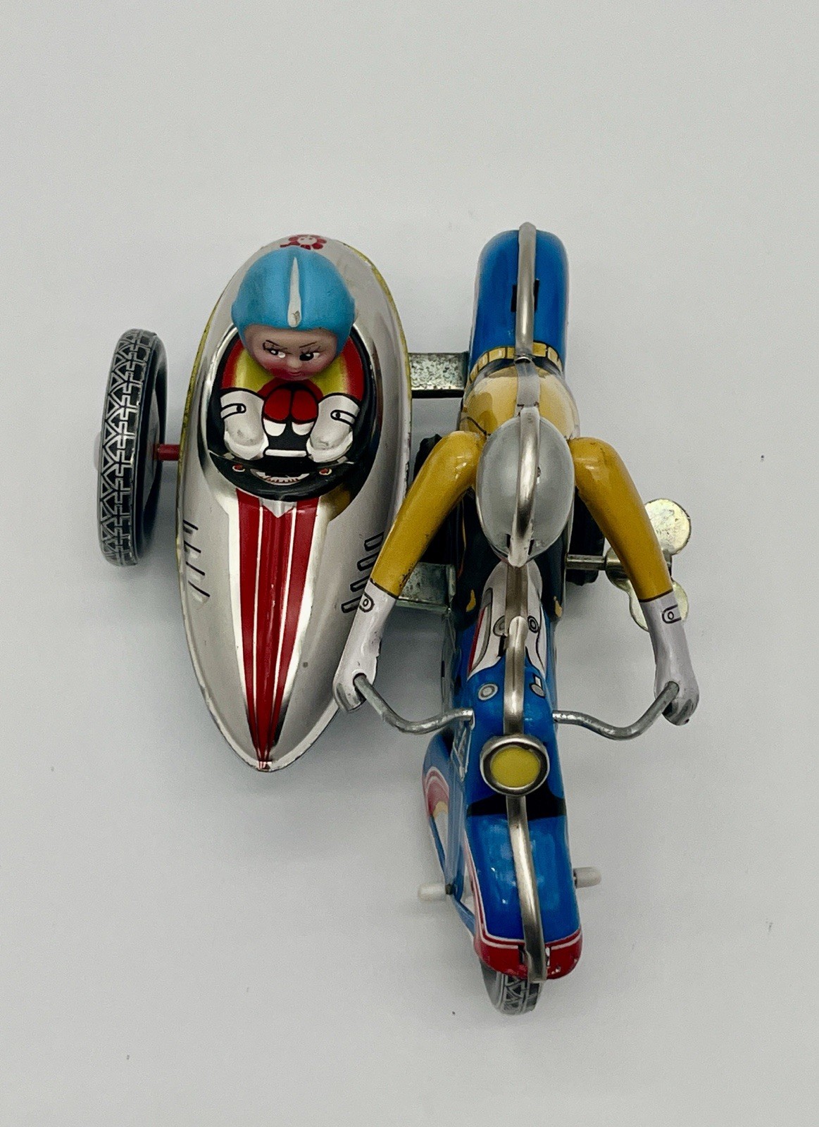 Wind up Clockwork Motorcycle With Sidecar Tin Toy Works with Key