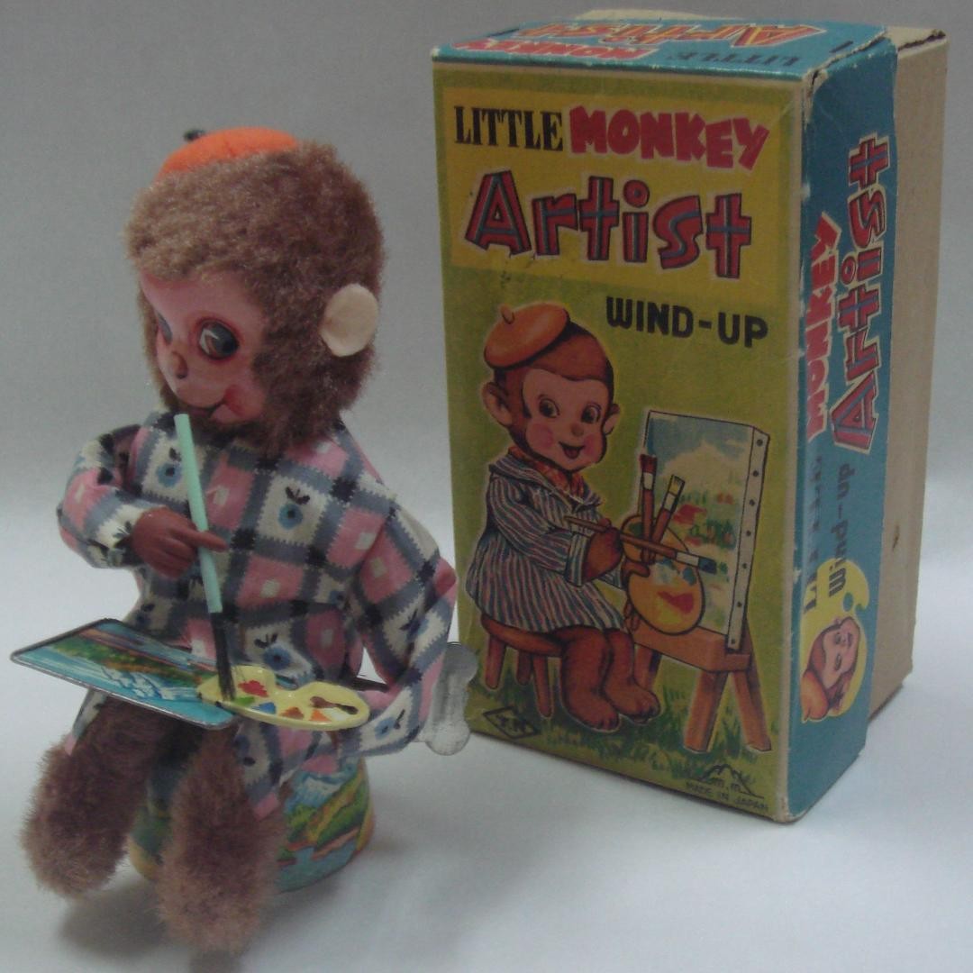 Little Monkey Artist Wind-Up Tin Toy with Original Box Jp Vintage Cloth Outfit