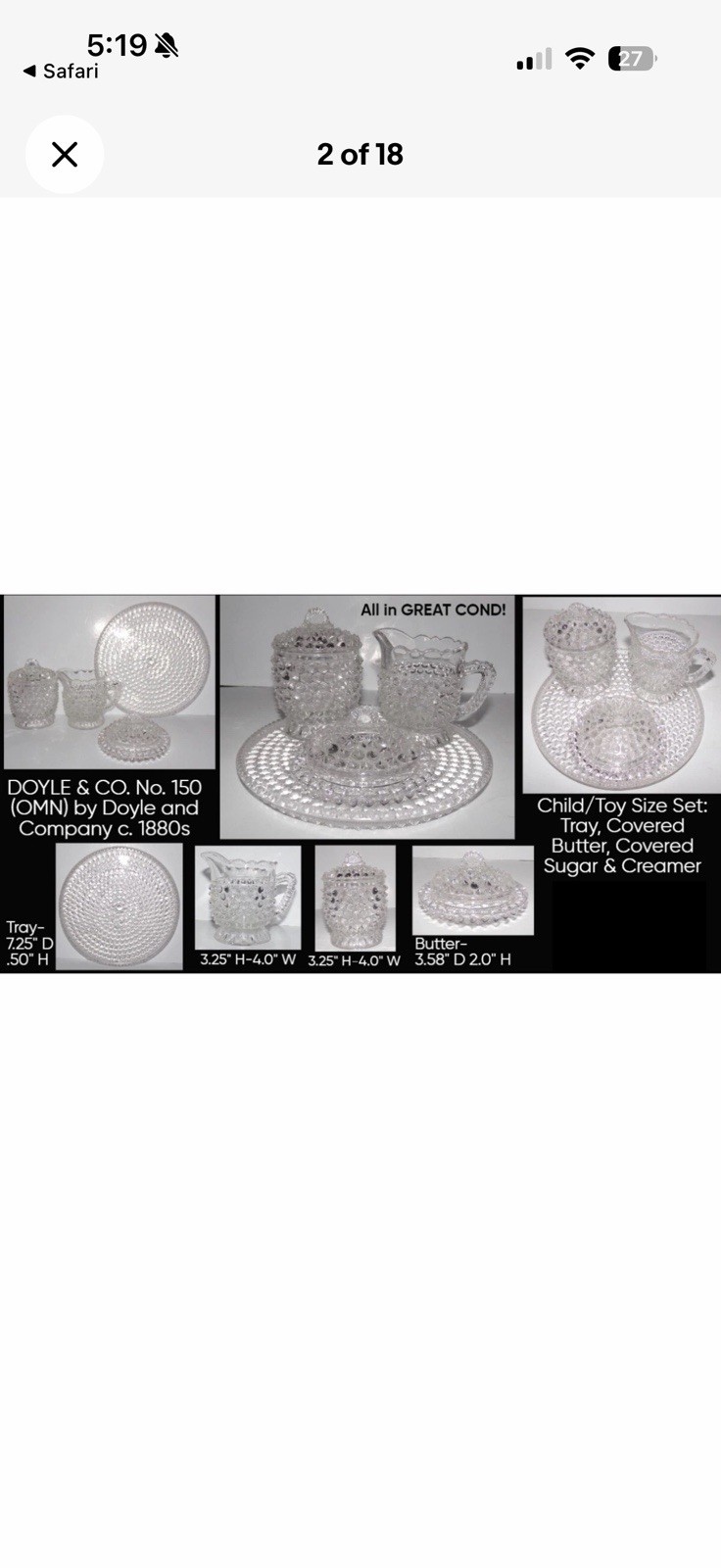 Doyle & Co #150 Hobnail Clear Thumbprint Base Children’s 3 pc Toy Table Set
