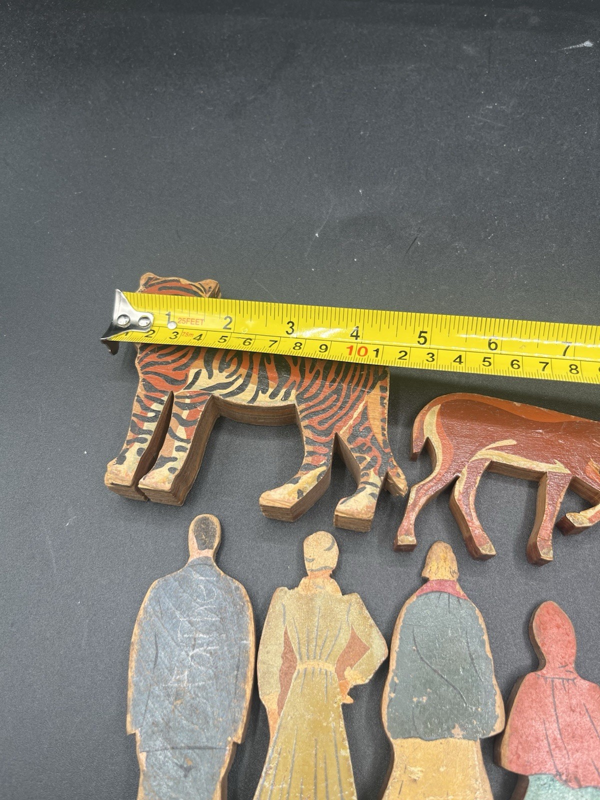 Lot Of 10 Vintage Wood People Animal Toys Tiger, Deer, Turkey, Chicken, Squirrel