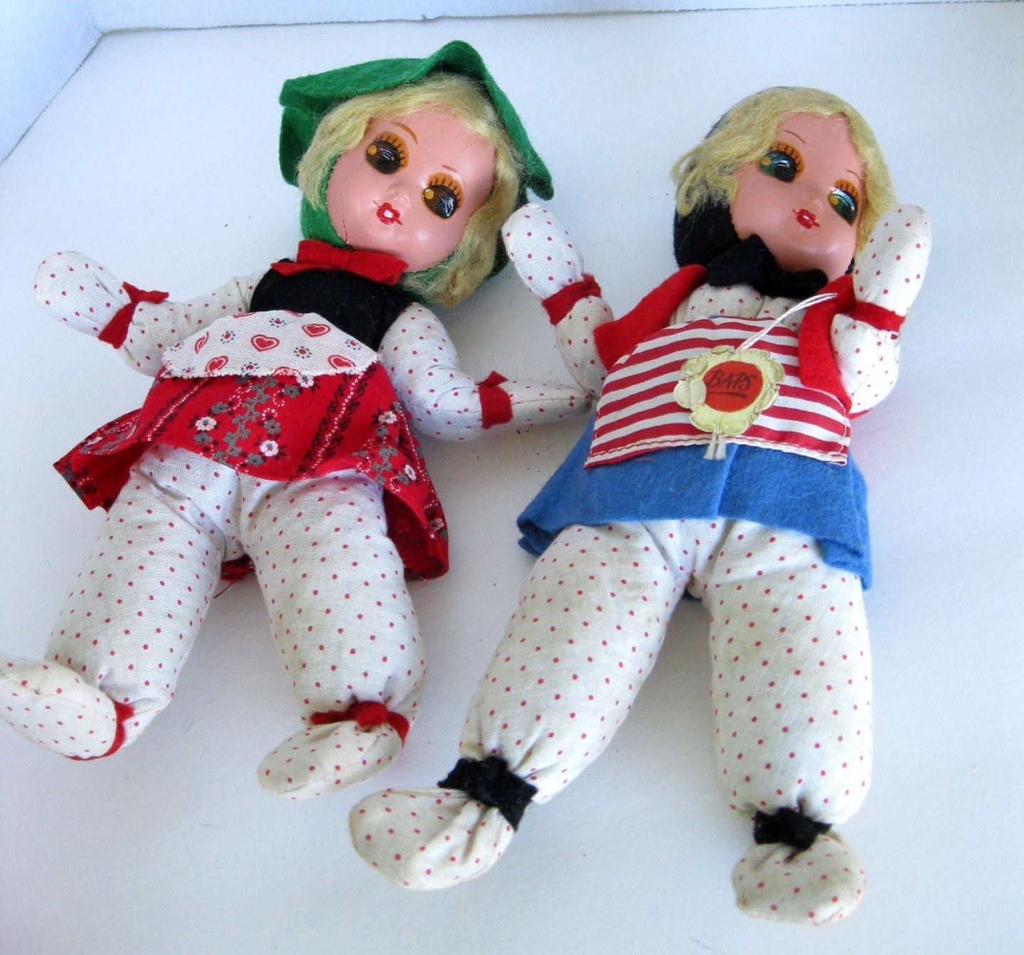 Vintage 1950s German BAPS Dolls, Lot of 2 Fabric Metal Felt, Germany Rare