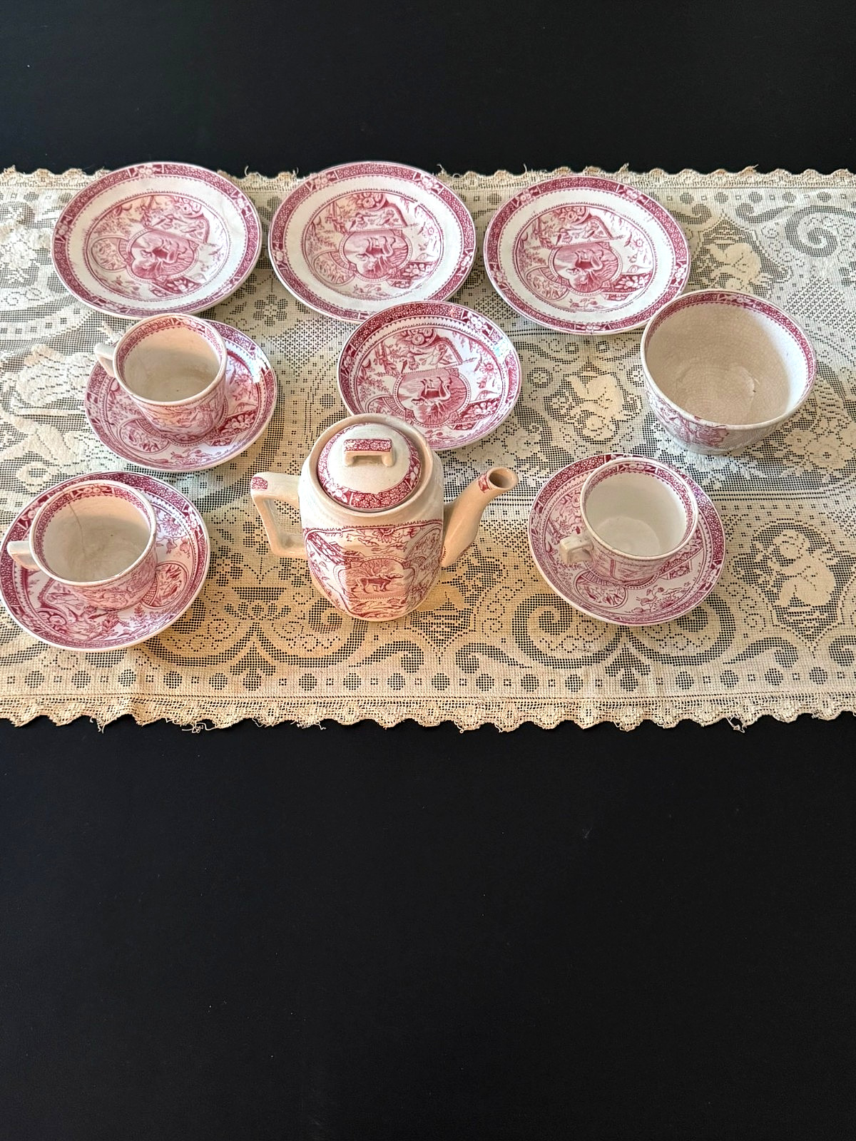 Antique Chas. Allerton Little Mae/Dog Red Transferware Child’s Tea Set & Spoons