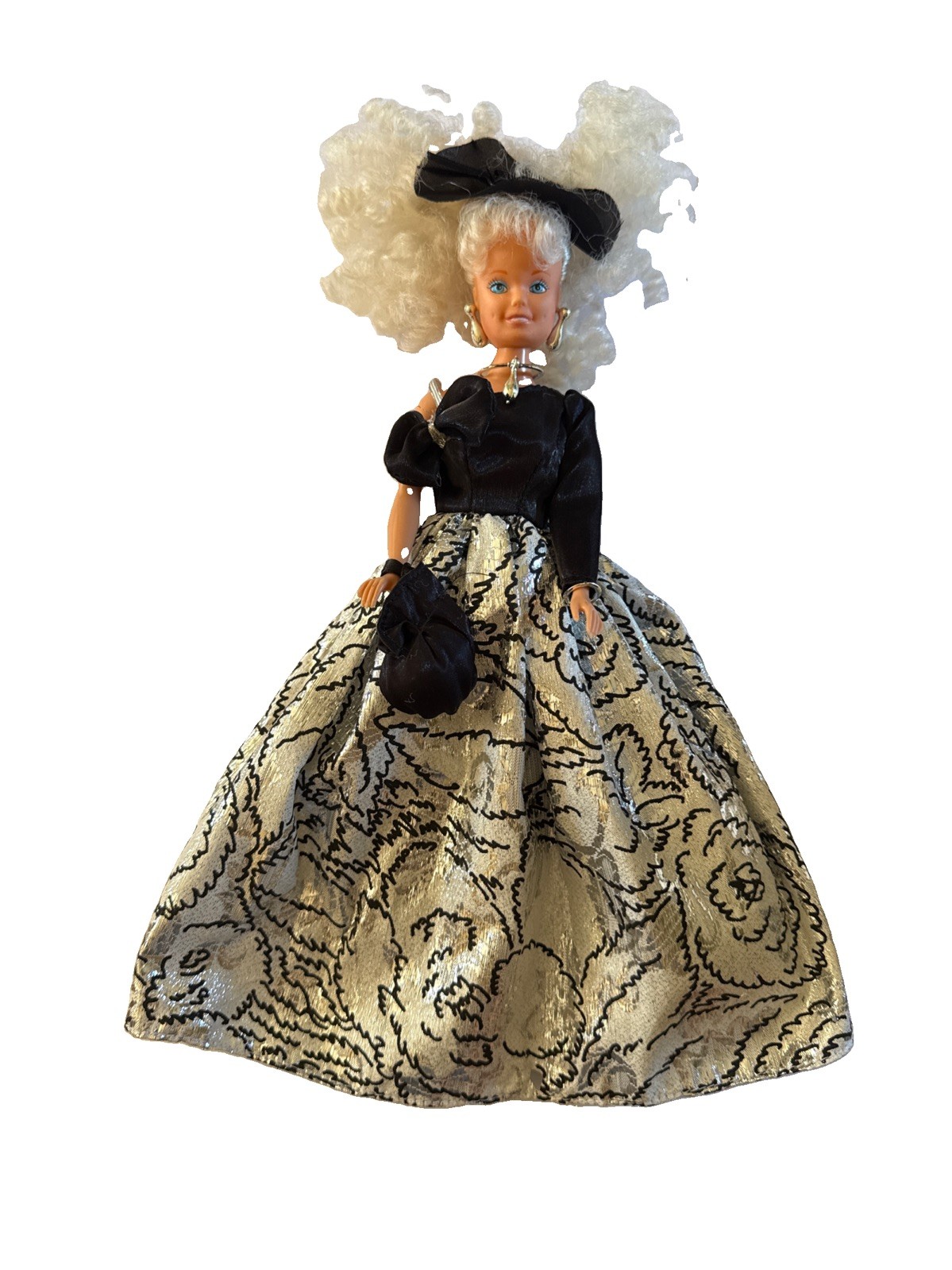 Vintage Mattel Barbie Black Silver Brocade Gown Black Hat Curly Blonde 80s