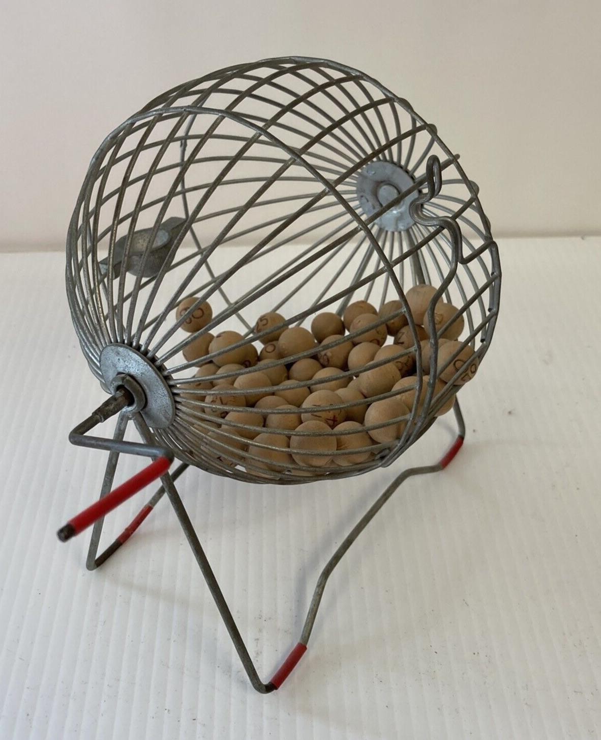 Vintage Metal Bingo Cage Turner with Wooden Tiles F4-110