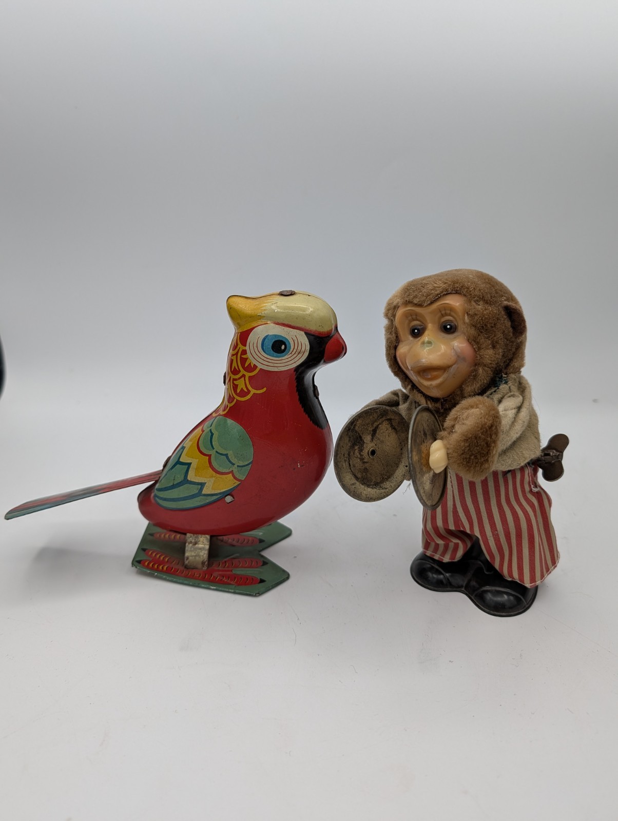 Vintage Lot Wind Up Monkey Playing Cymbals 1960s Musical Jolly Chimp + Parrot