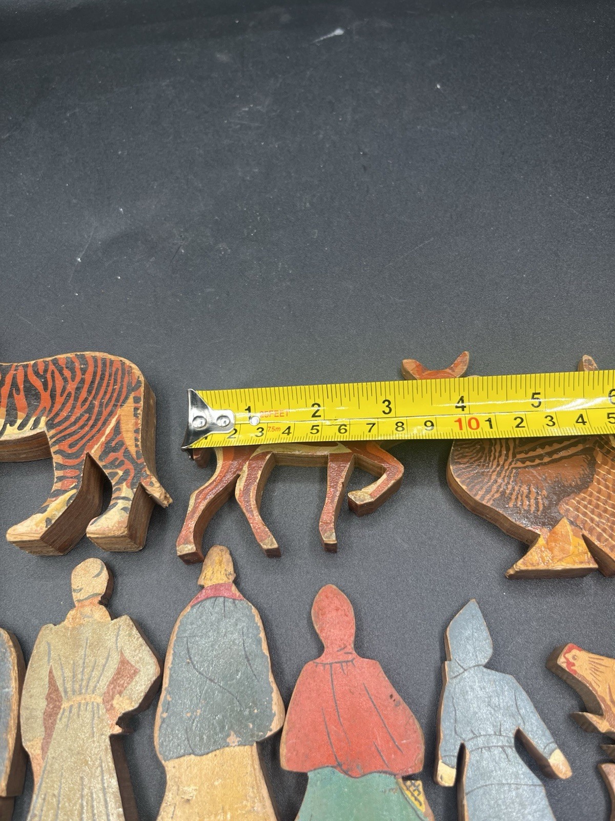 Lot Of 10 Vintage Wood People Animal Toys Tiger, Deer, Turkey, Chicken, Squirrel