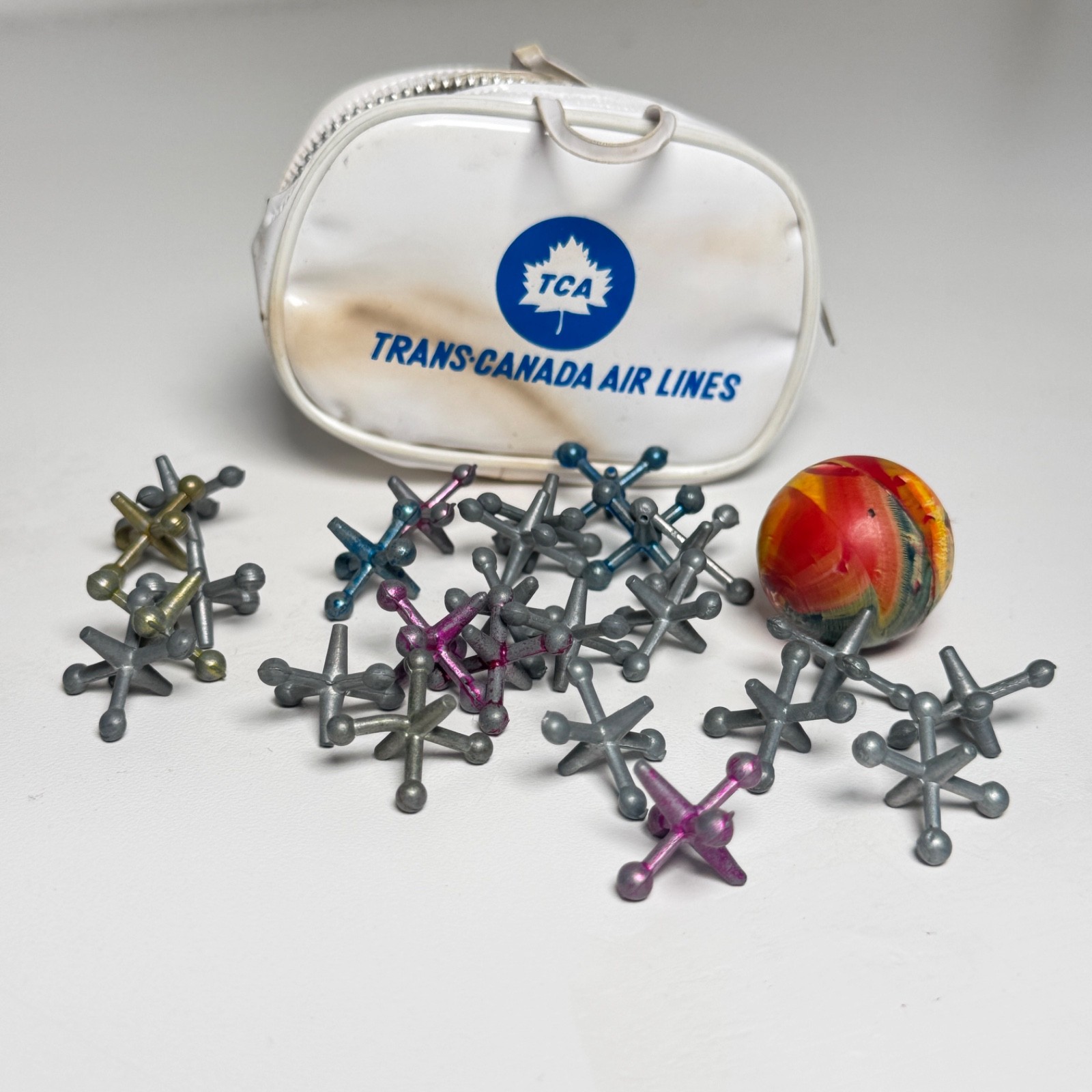 Vintage Metal Jacks Game 25 Jacks Ball w/ TCA Trans Canada Air Lines Pouch