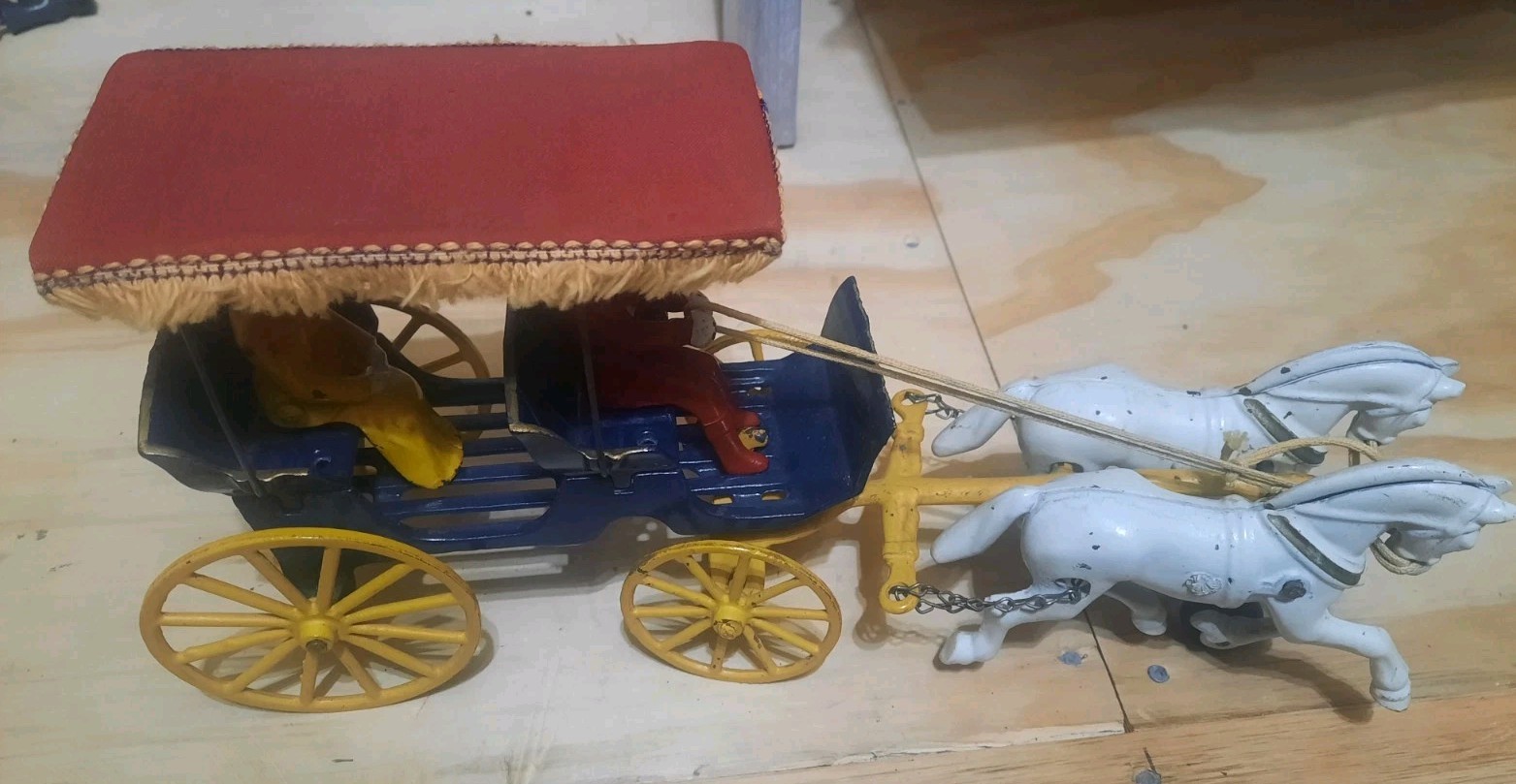 Vintage Kenton #160 Cast Iron 2 Horse Surrey with Driver & Passenger 13″ Long