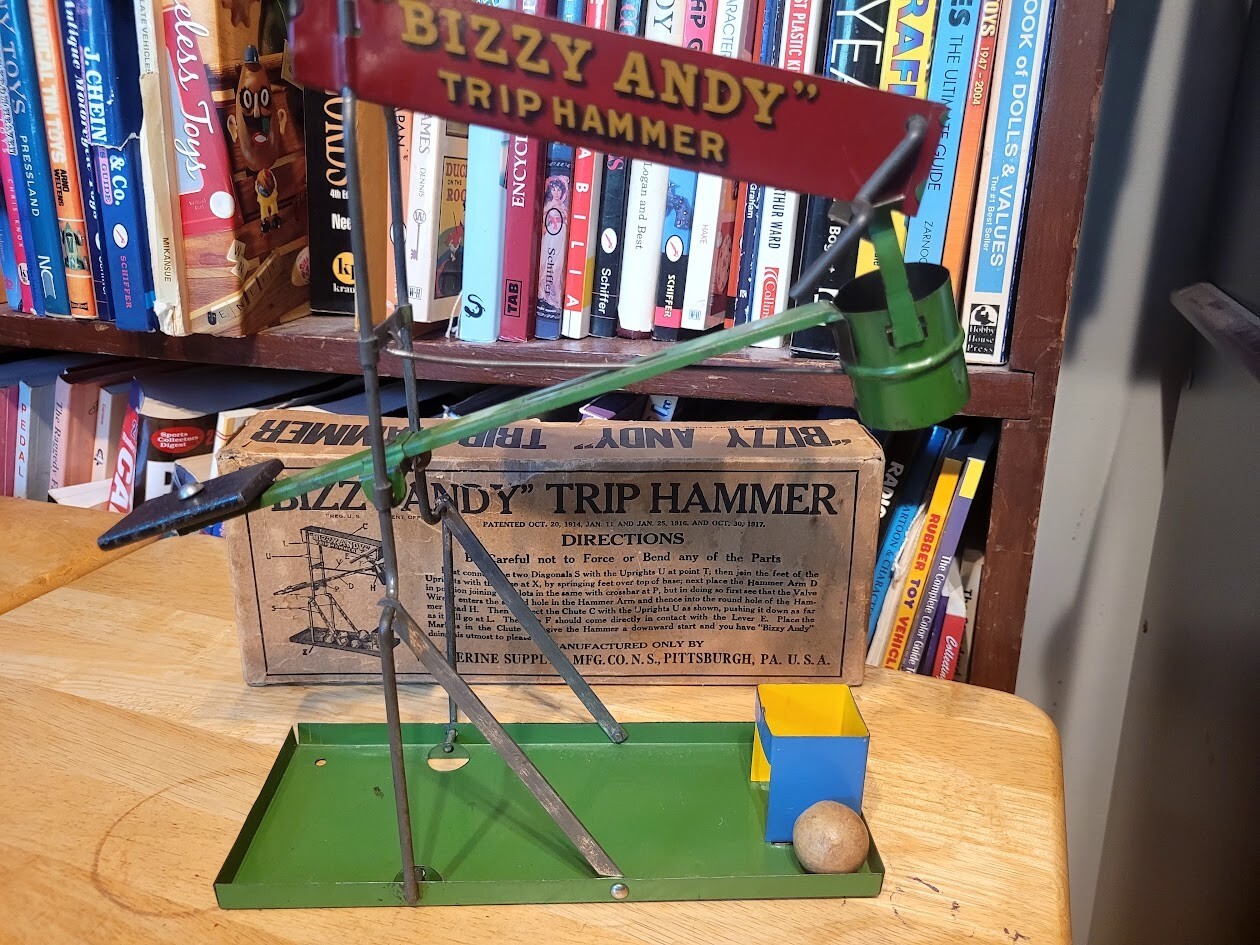 VTG TIN WOLVERINE RED BIZZY ANDY TRIP HAMMER ARTICULATED MARBLE TOY 1916-18 w/BX