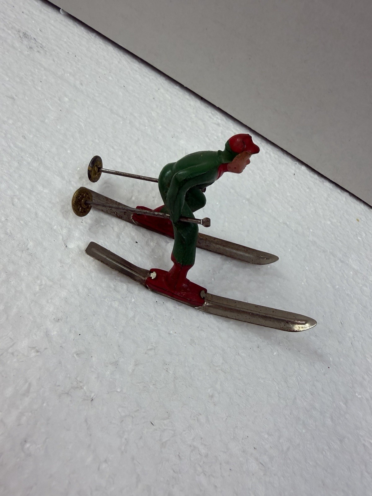 Vintage Barclay Lead Skier with Metal Skis and Ski Poles 1940 Red Green Lot Of 2