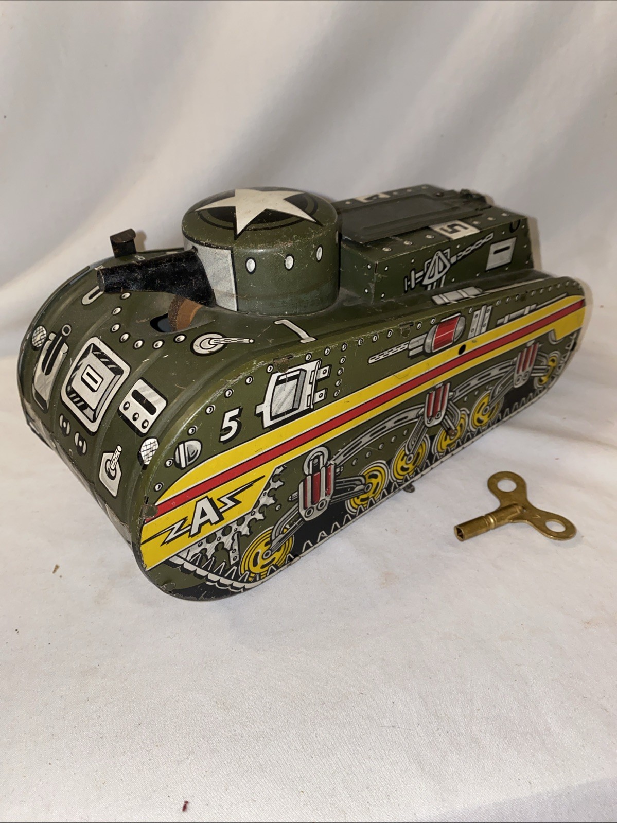 1950’s Windup Marx Sparkling Doughboy Pop-Up Tank Tin Litho Works No Spark 10″