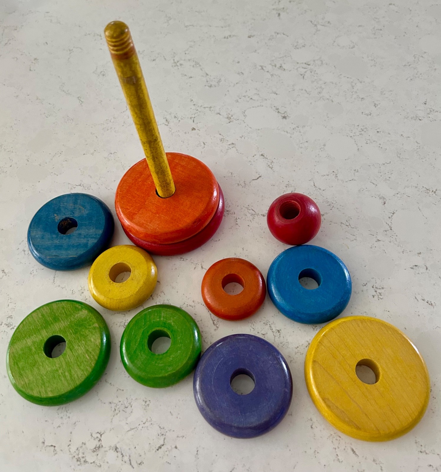 Vintage Solid Wood Rainbow Stacking Ring Toy • 10 Rings • MCM • Holgate?