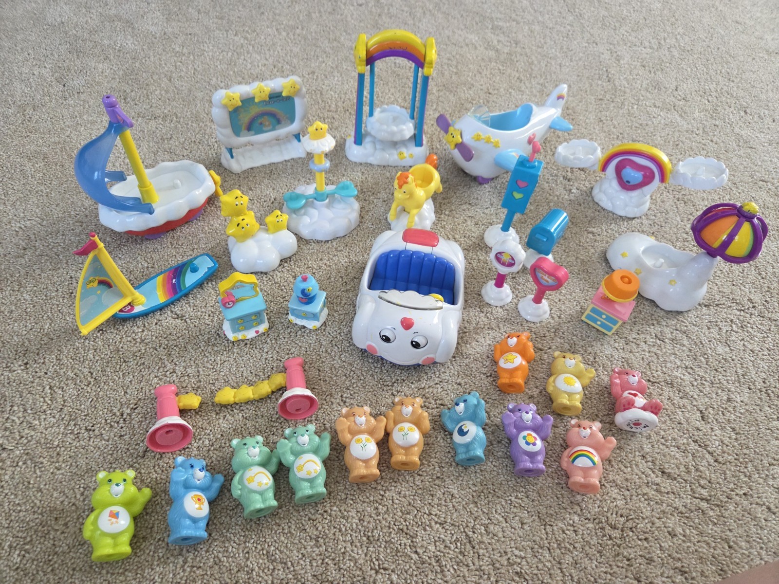 Care Bears Care-A-Lot Playsets- Cloud car, plane, boat +more. VTG 2003, 31 pcs