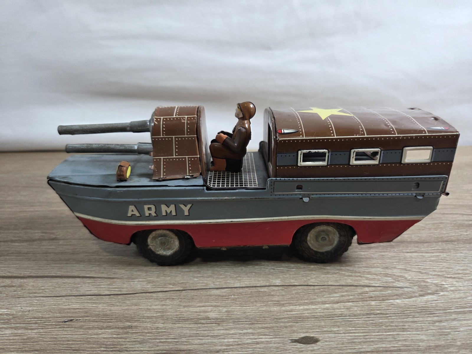 Vintage Tin Friction Toy Army Gun Boat Military Vehicle w/Rotating Gun Turret
