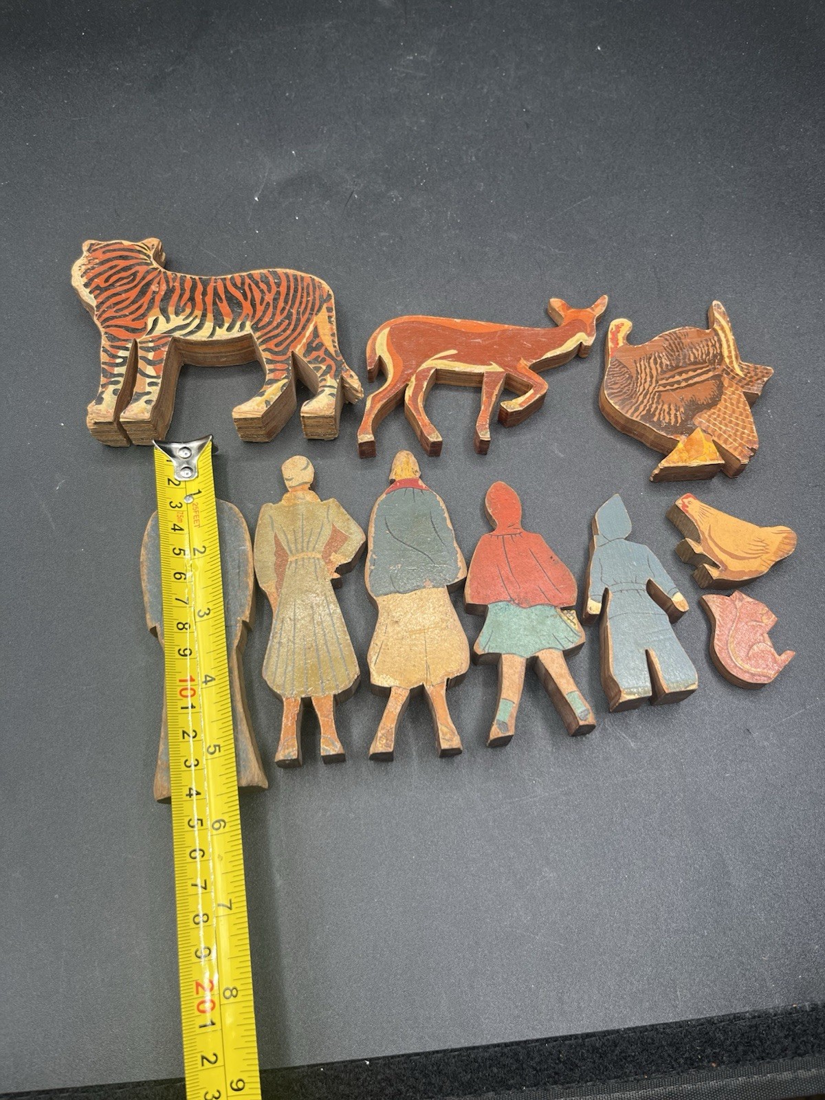 Lot Of 10 Vintage Wood People Animal Toys Tiger, Deer, Turkey, Chicken, Squirrel