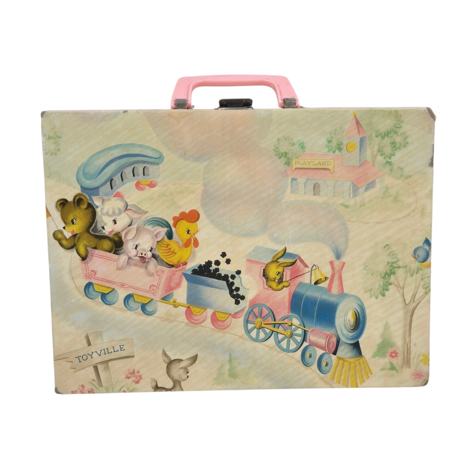 Vtg 50s Toyville Playland Cardboard Doll Suitcase Train Animals Pink Handle