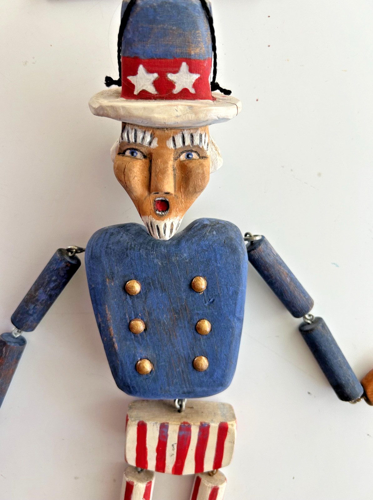 Hand Carved Wood Marionette String Puppet Uncle Sam Folk Art 4th July Patriotic
