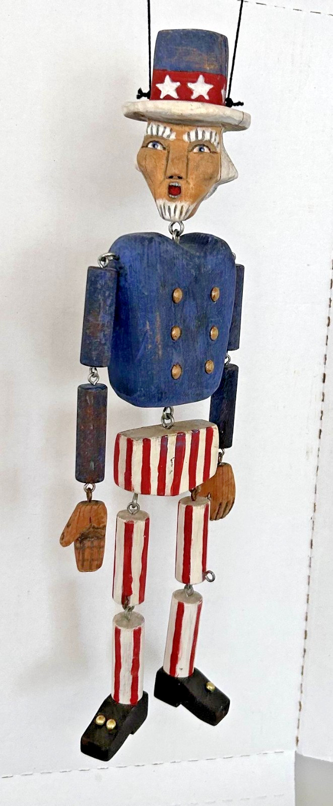 Hand Carved Wood Marionette String Puppet Uncle Sam Folk Art 4th July Patriotic