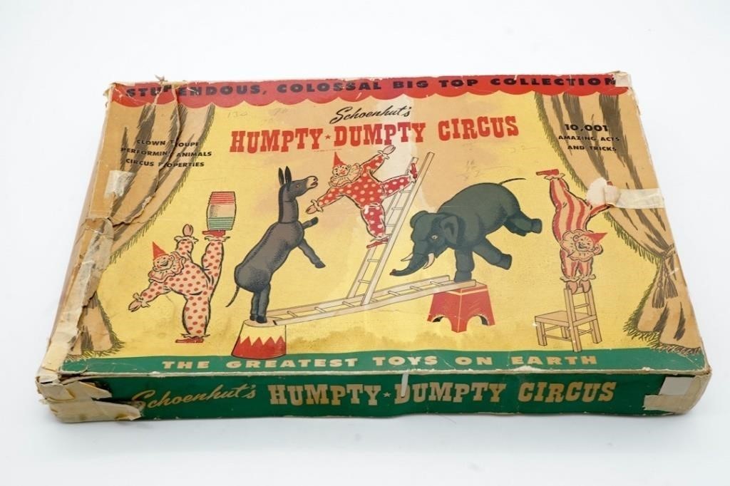 ANTIQUE SCHOENHUT 1950’s HUMPTY DUMPTY CIRCUS TOY SET & BOX CLOWNS PROPS ANIMALS