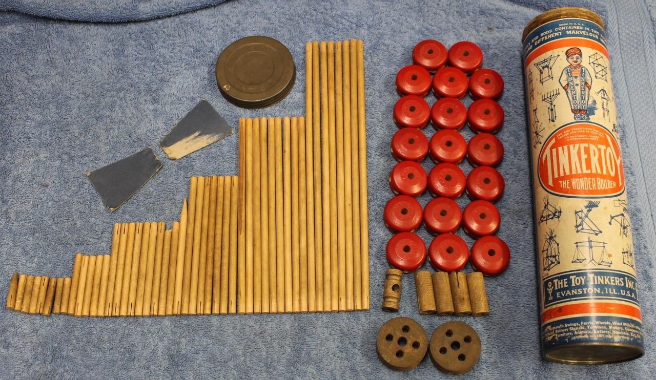 1929 The Toy Tinkers Inc. TinkerToy “The Wonder Builder” Kit Vintage 76 Pieces!