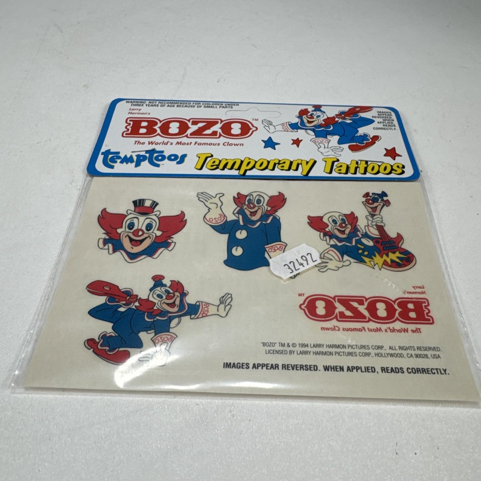 Vtg 1994 Bozo the Clown TempToo Temporary Tattoos Larry Harmon