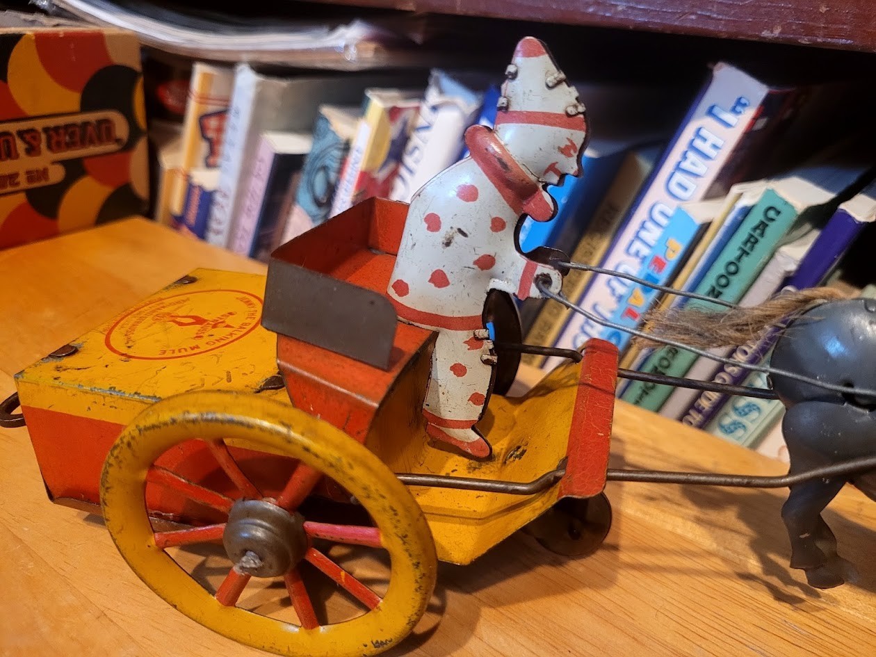 NICE VINTAGE 1920’S STRAUSS WIND UP TIN JENNY THE BALKY MULE with CLOWN