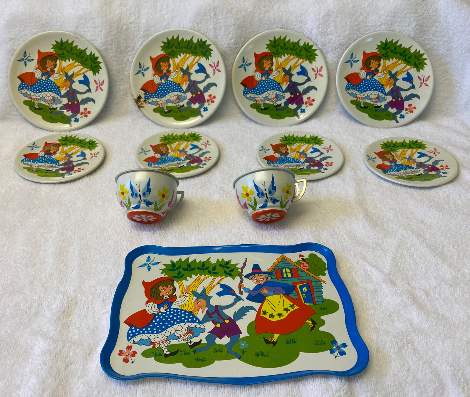 Child’s Aluminum Little Red Riding Hood 11 piece tea set Ohio Art Style Vintage