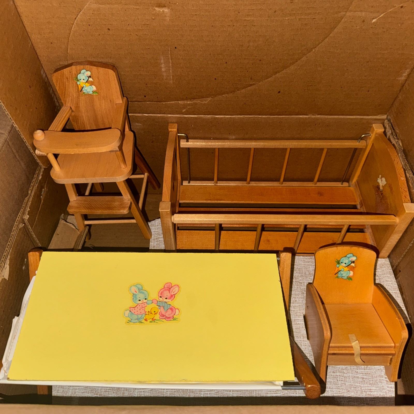 Vintage Strombecker Complete Wood Doll Nursery Set Original Box, Non-Smoking