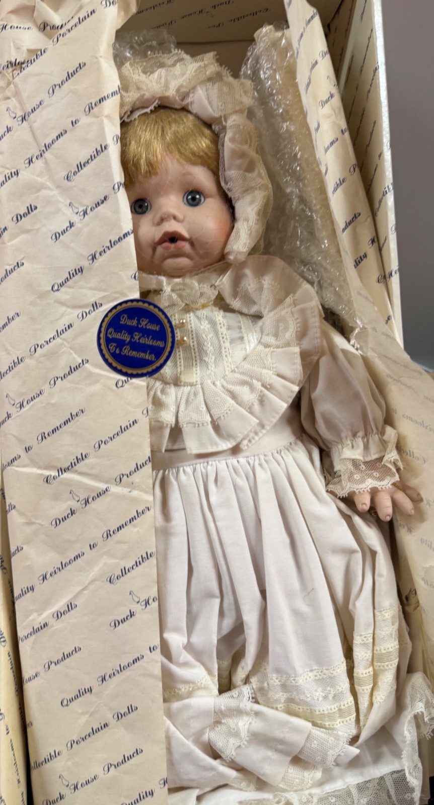 Duck House Heirloom Porcelain Baby Doll Blonde Lace Dress NIB Box