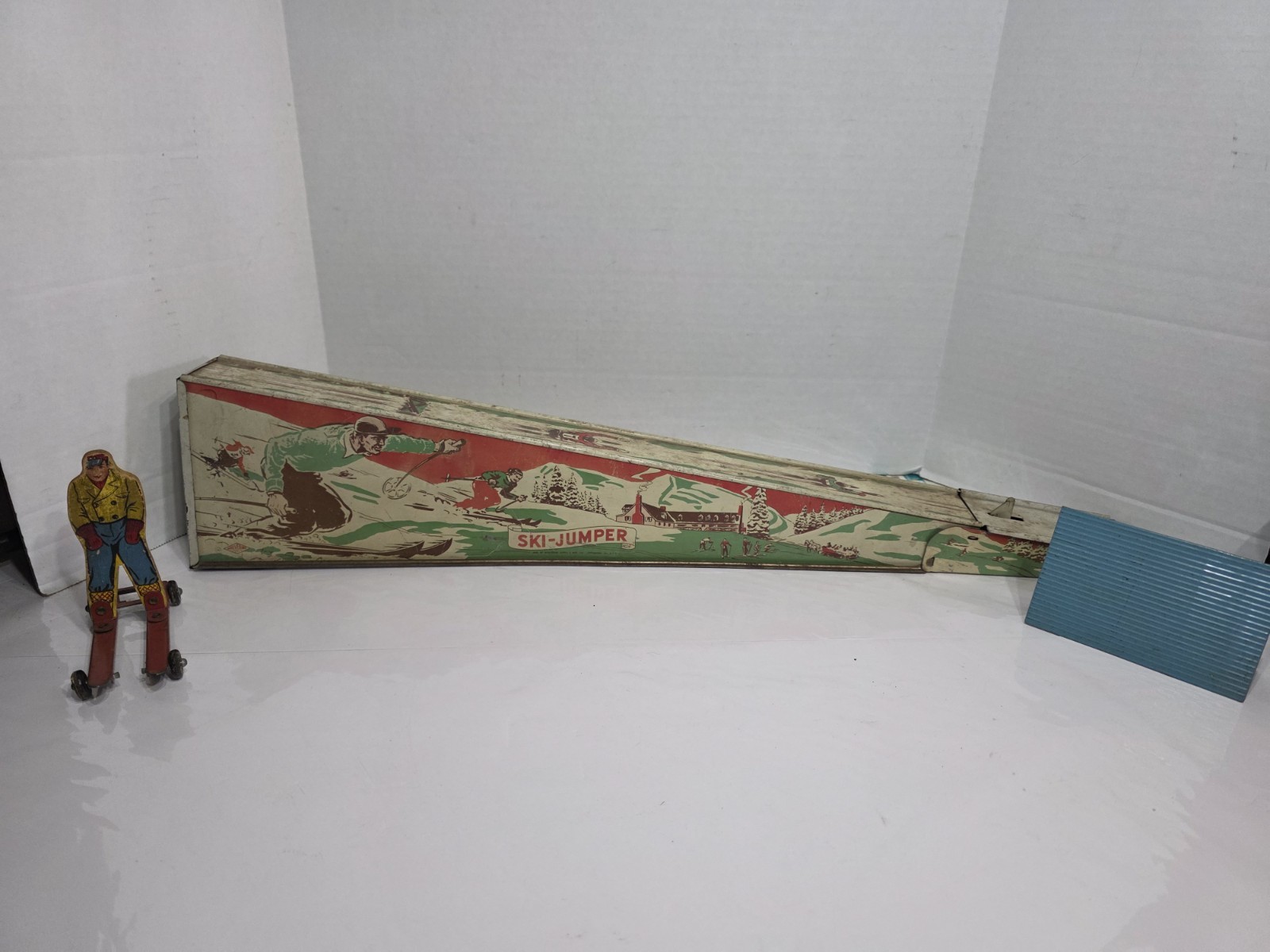 Wolverine Ski Jumper, Tin Litho, Spring-Activated Toy, With Skiier And Blue…