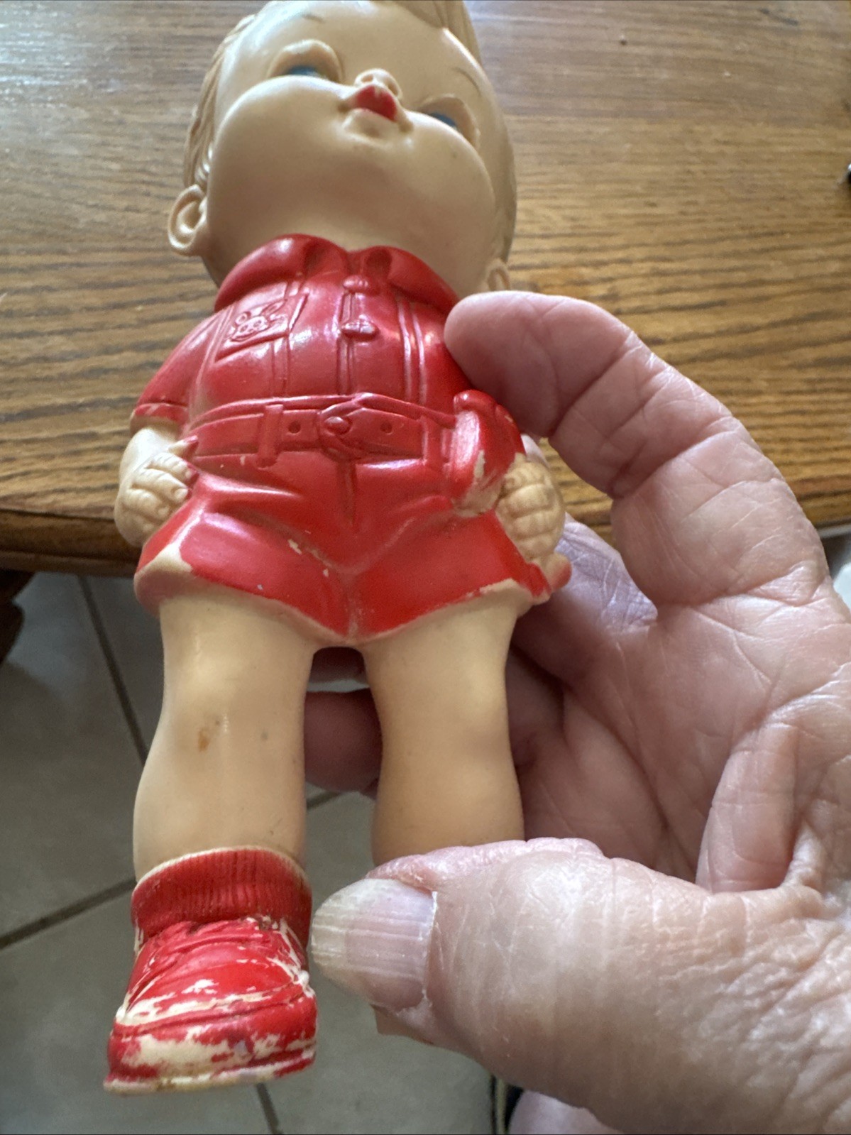 Vintage 1958 Edward Mobley Boy Doll Squeaky Toy Arrow Rubber Blue Hat