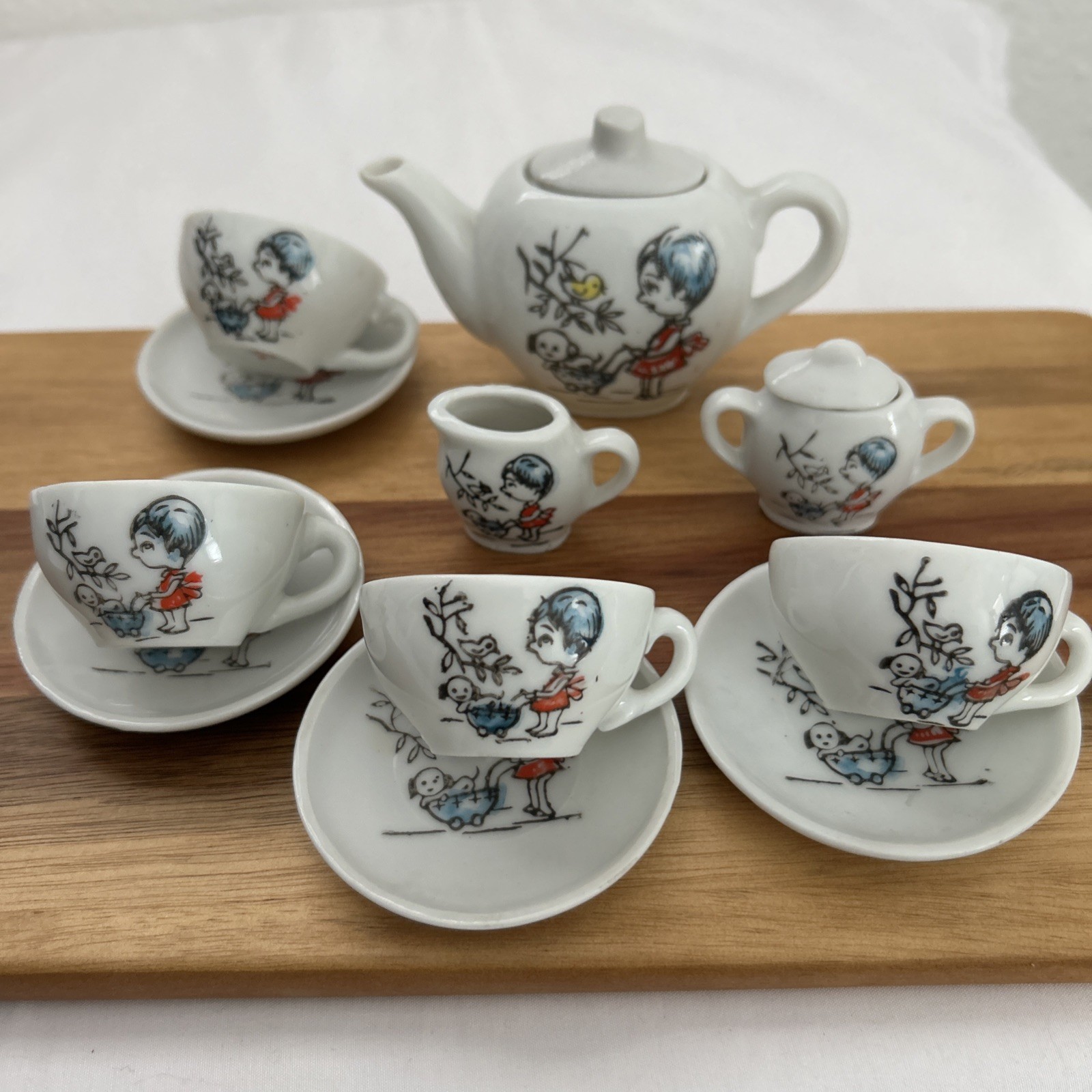 VINTAGE TOY CHINA TEA SET – 13 Piece Set MADE IN JAPAN Girl Dog Carriage Chick
