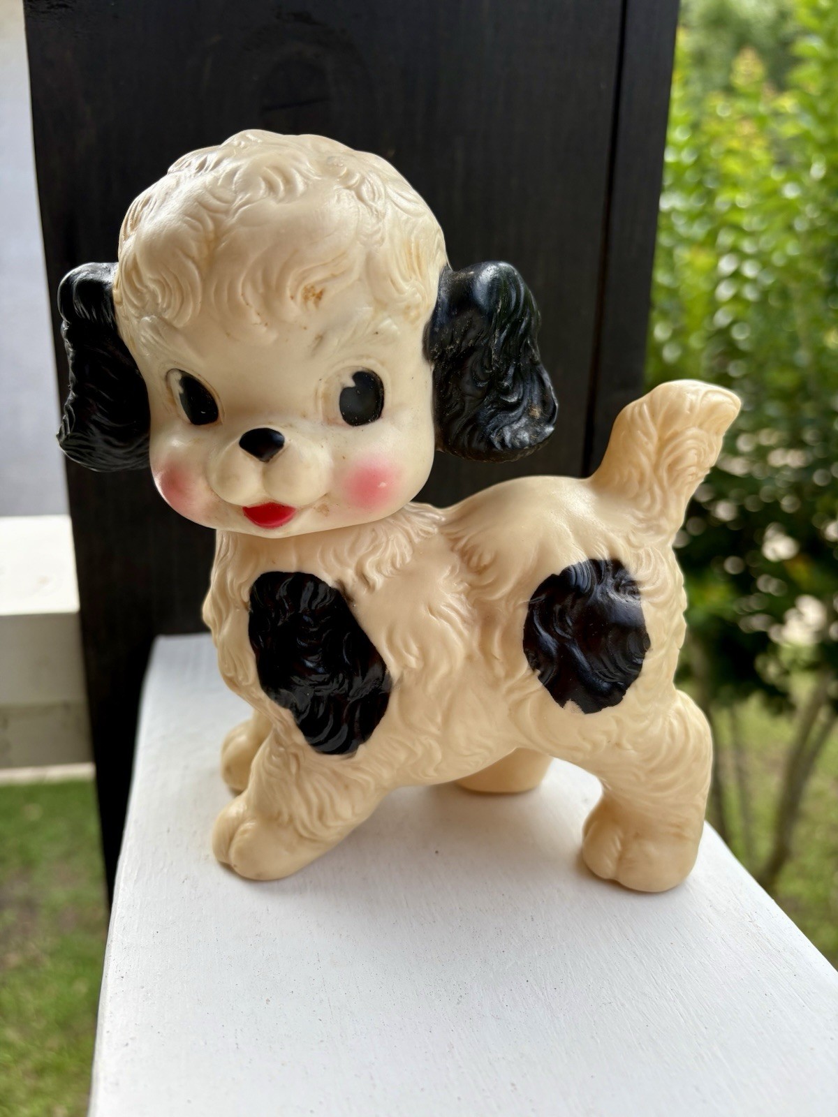 Vintage Sun Rubber Co. Puppy Squeak Toy 1950’s Black White Moveable, Ruth Newton