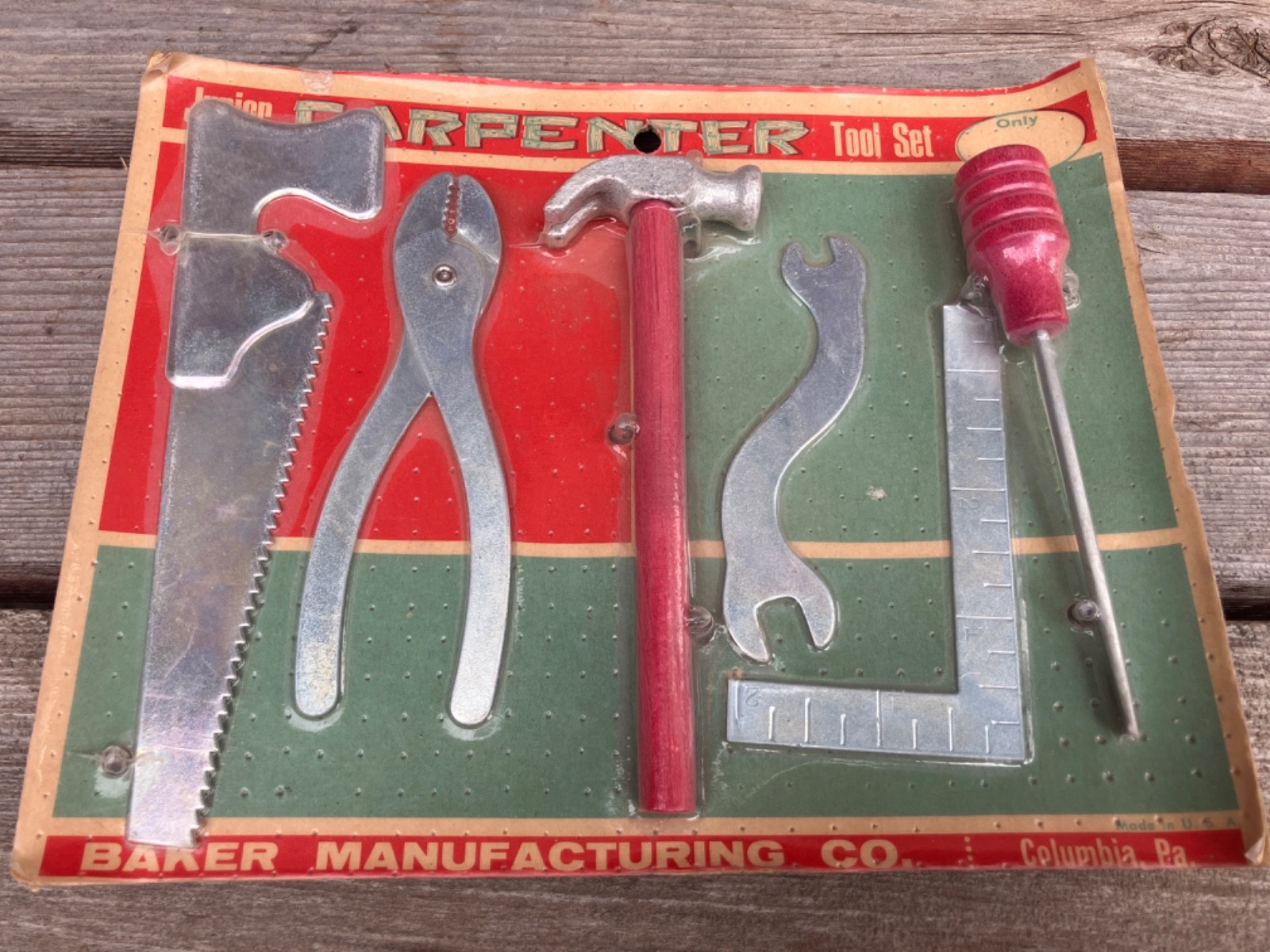VTG CHILDREN’S JUNIOR CARPENTER TOOL SET BAKER MFG CO COLUMBIA PA WOOD HANDLED