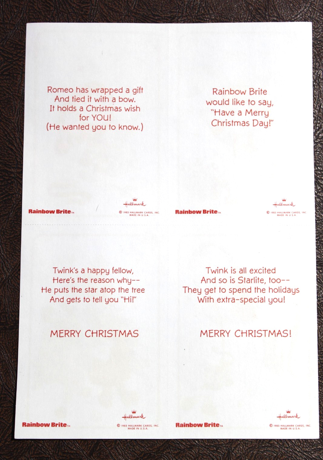 RAINBOW BRITE 1983 HALLMARK CHRISTMAS CARDS UNPUNCHED SHEET OF 4 CARDS UNUSED