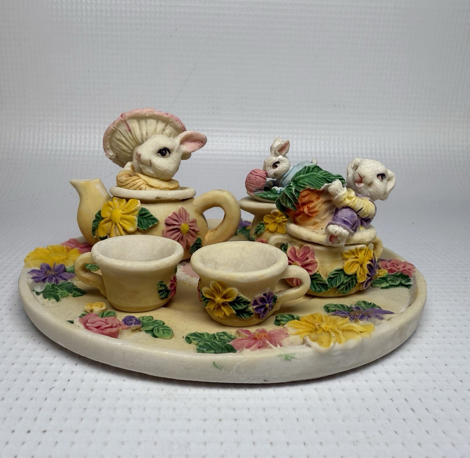 Mini Bunny Tea Set Resin 4 1/4 In. Plate With Tiny Teapot Set With Box