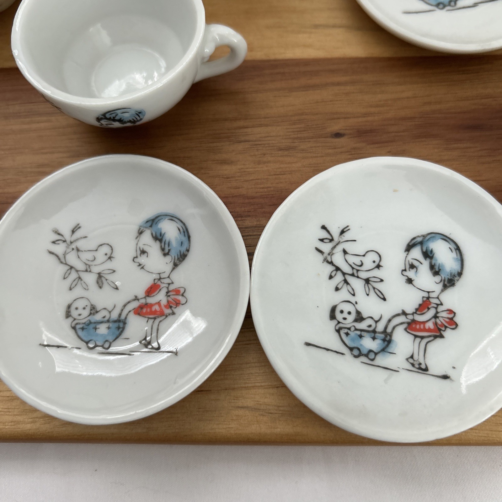 VINTAGE TOY CHINA TEA SET – 13 Piece Set MADE IN JAPAN Girl Dog Carriage Chick