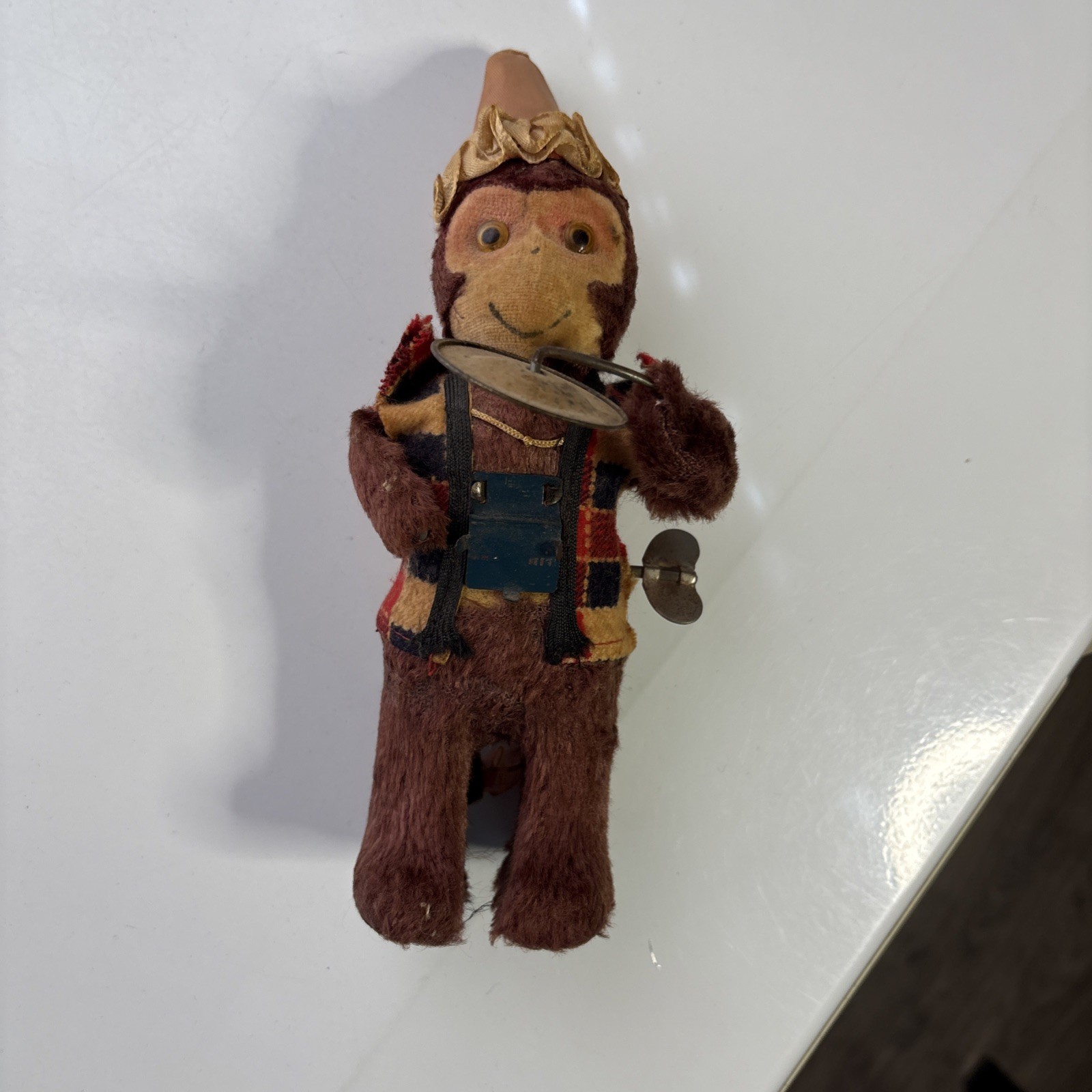 Vintage Textured Cloth Wind Up Monkey Playing Orchestra Tin Toy Broken Parts