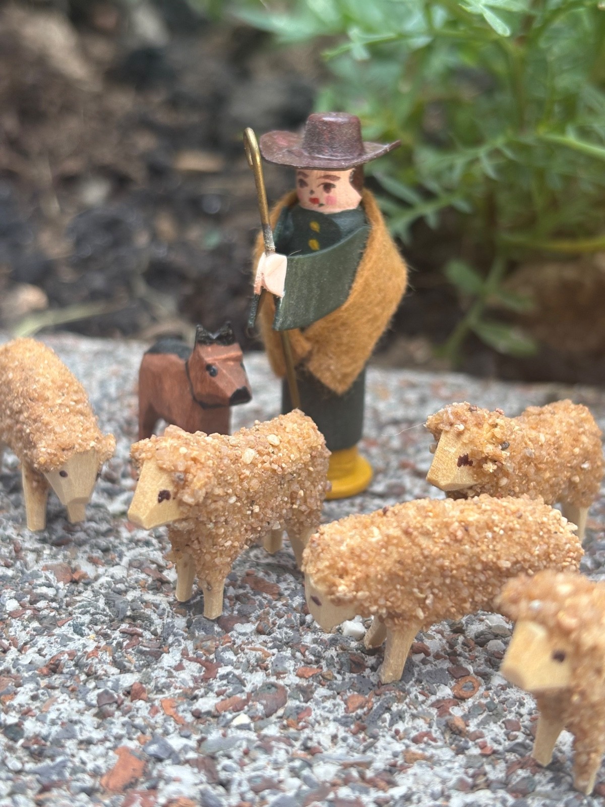 Vintage Miniature Wood Shepherd Dog Sheep Germany Creche Folk Art Carved Figures