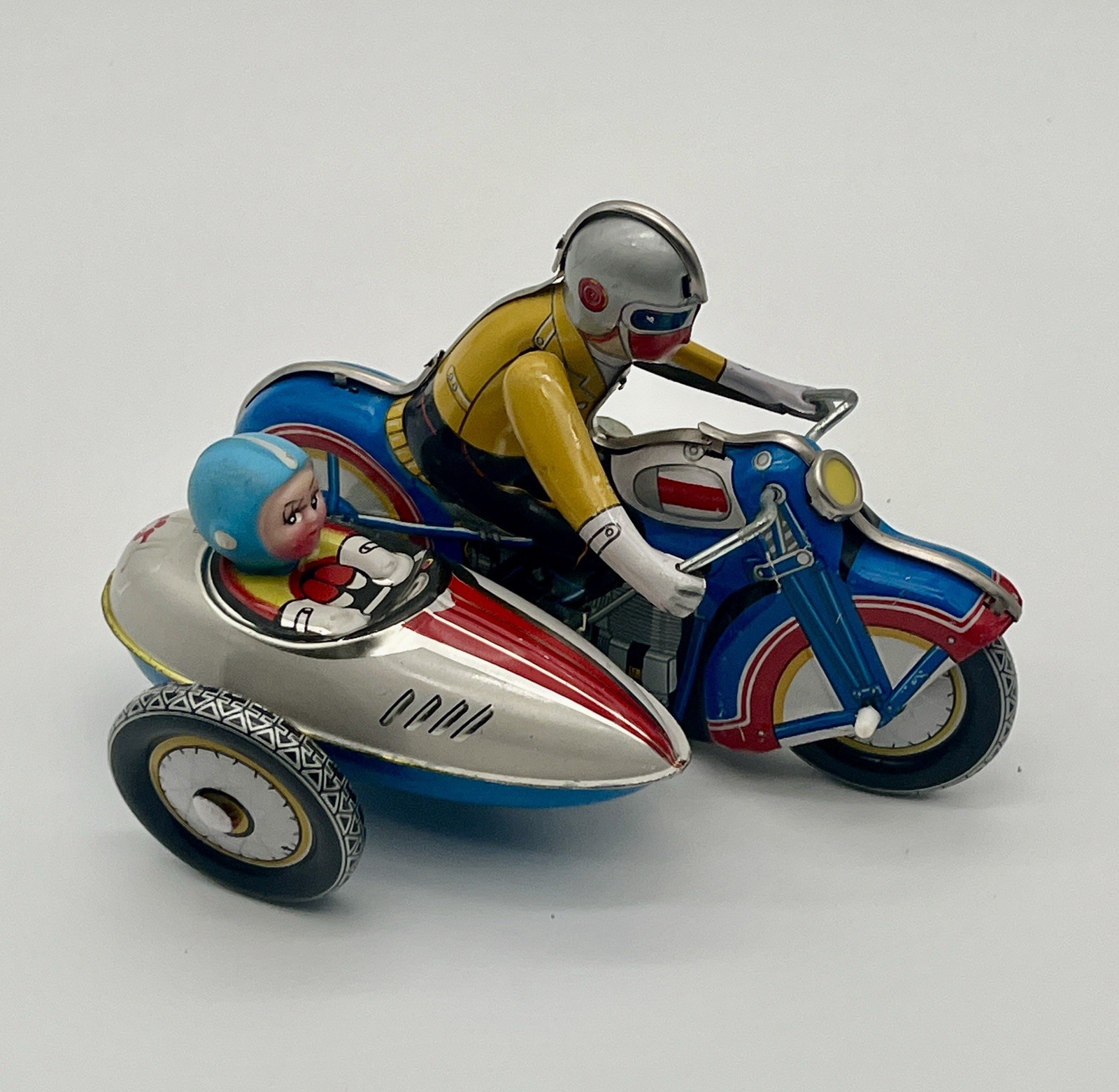 Wind up Clockwork Motorcycle With Sidecar Tin Toy Works with Key