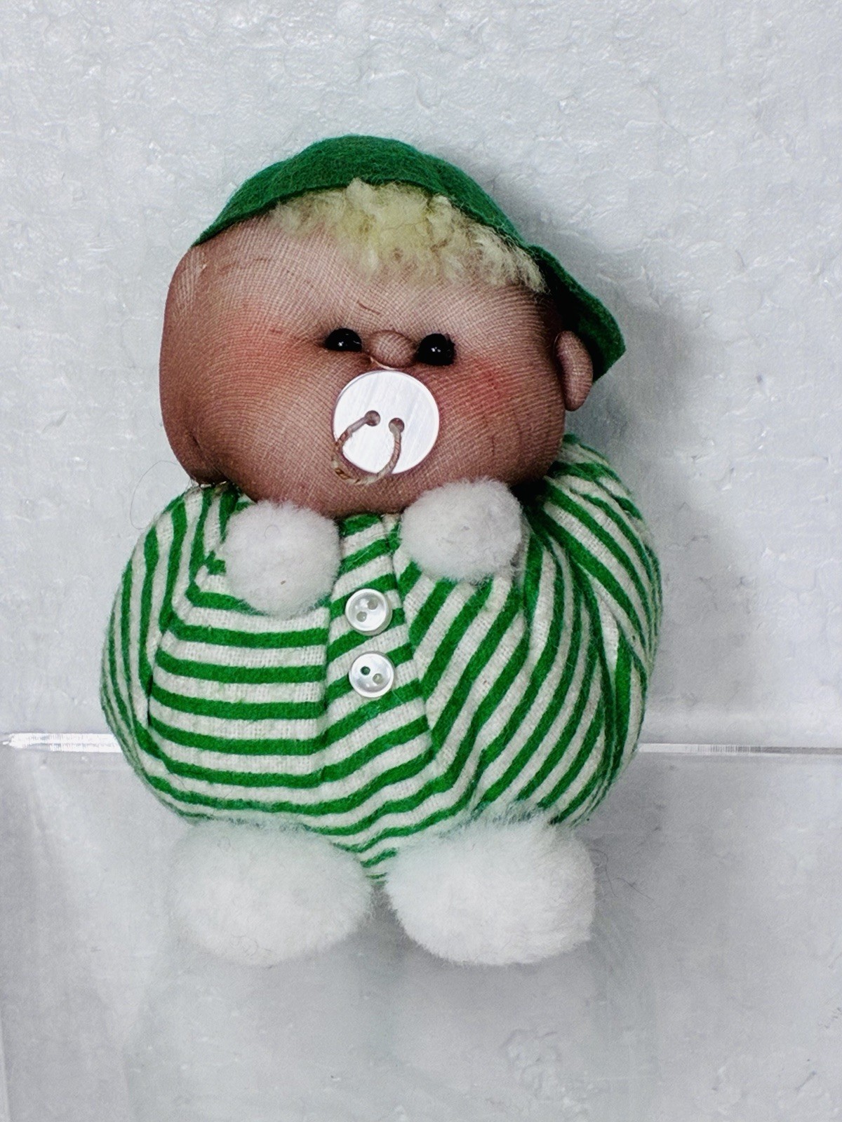 Vtg Handmade Stuffed Nylon Stocking Soft Sculpture Doll w Green Hat