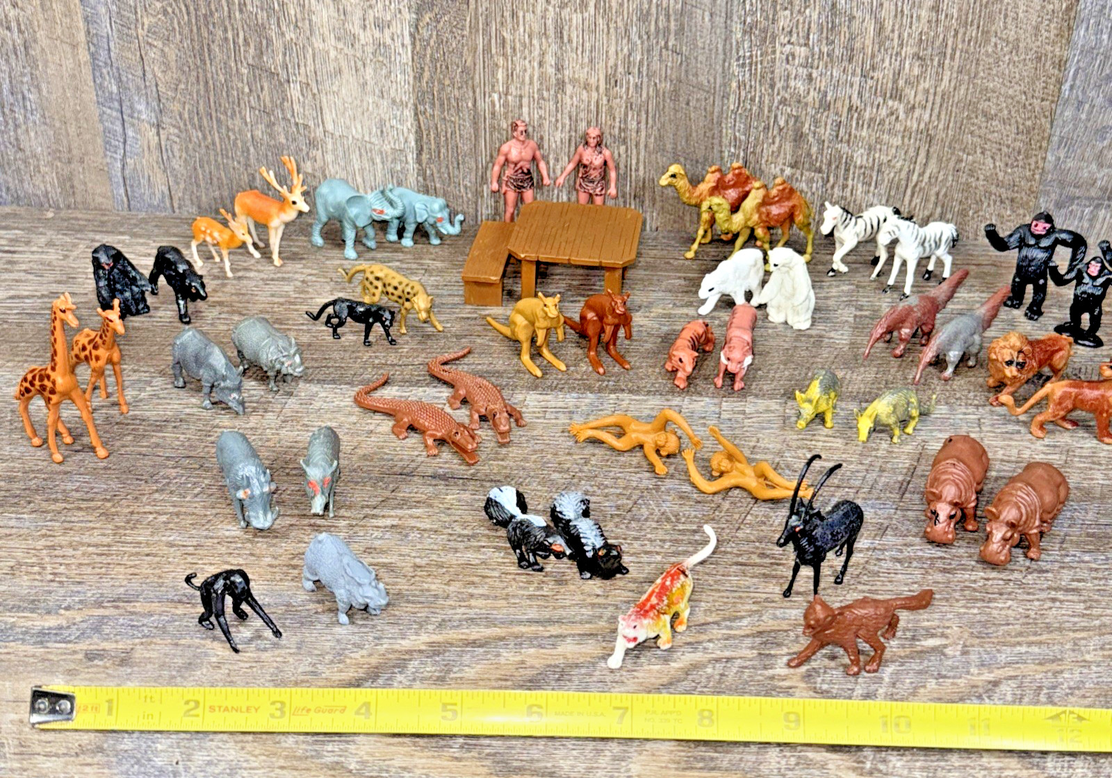 Vtg Noahs Ark Lot ( 44 pieces) Animals (20 sets + 5), Noah, Wife, Table, & Bench