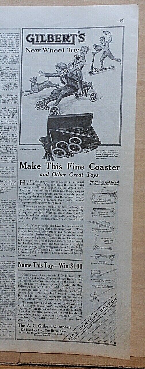 1919 magazine ad for Gilbert New Wheel Toy – a regular humdinger, make toys