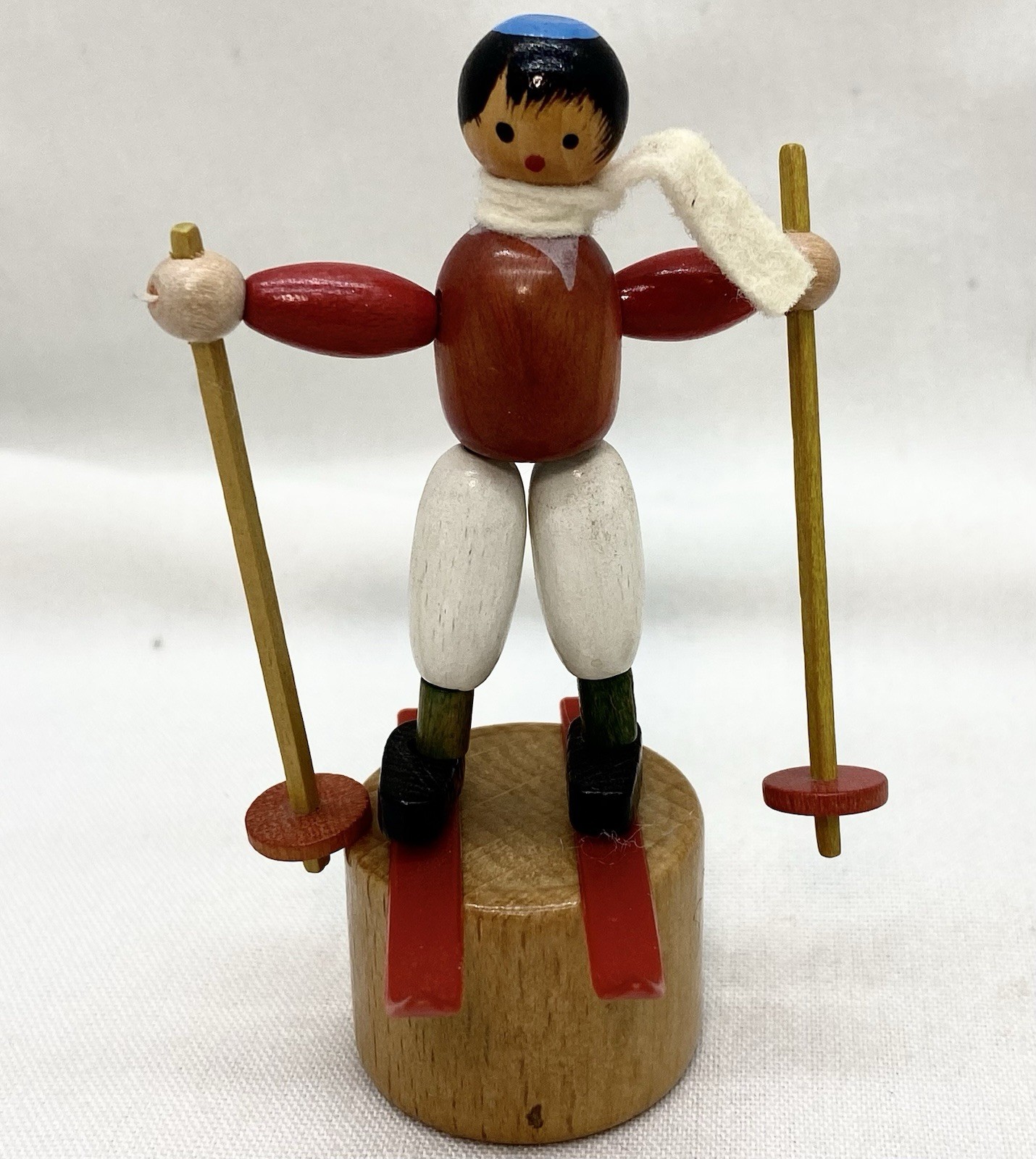 Vtg MI Italy Wood Push Button Puppet Dancing Skiing Figure Schowanek Skier Toy