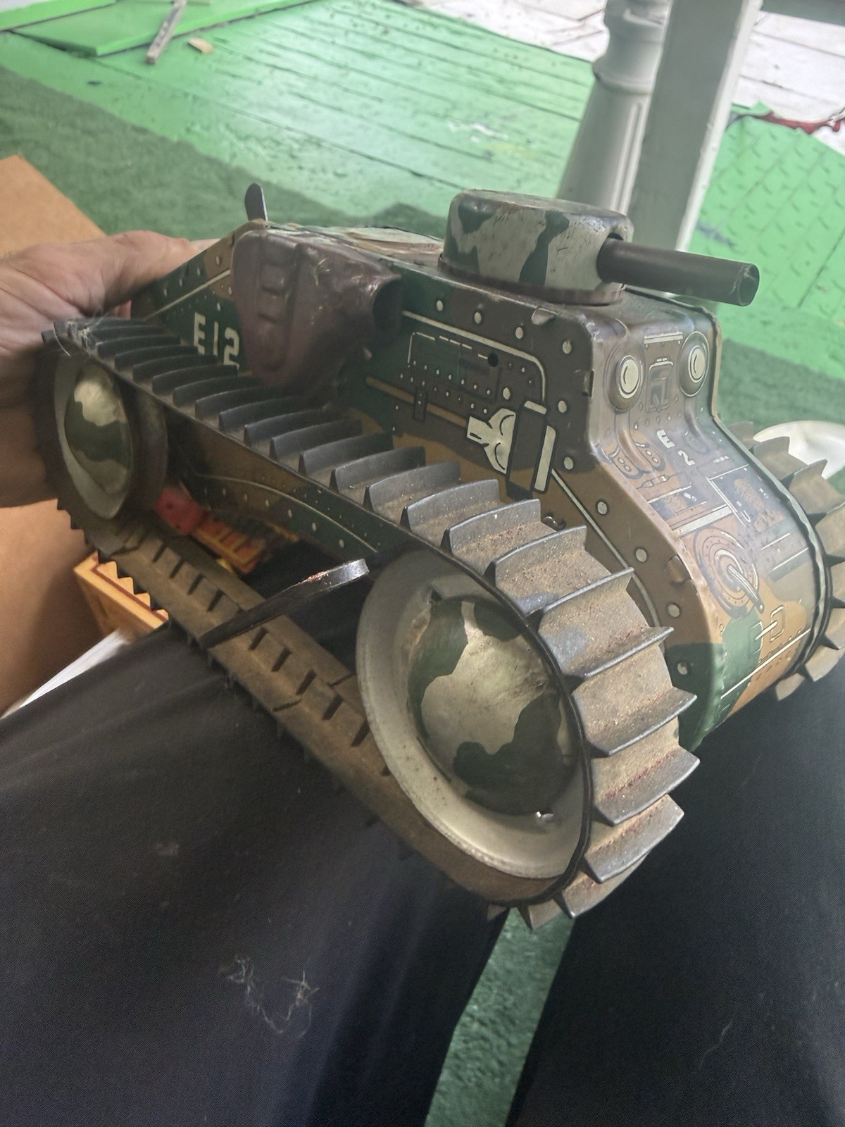 Vintage Tin Wind-Up Military Tank Toy, Camouflage, Marked E12